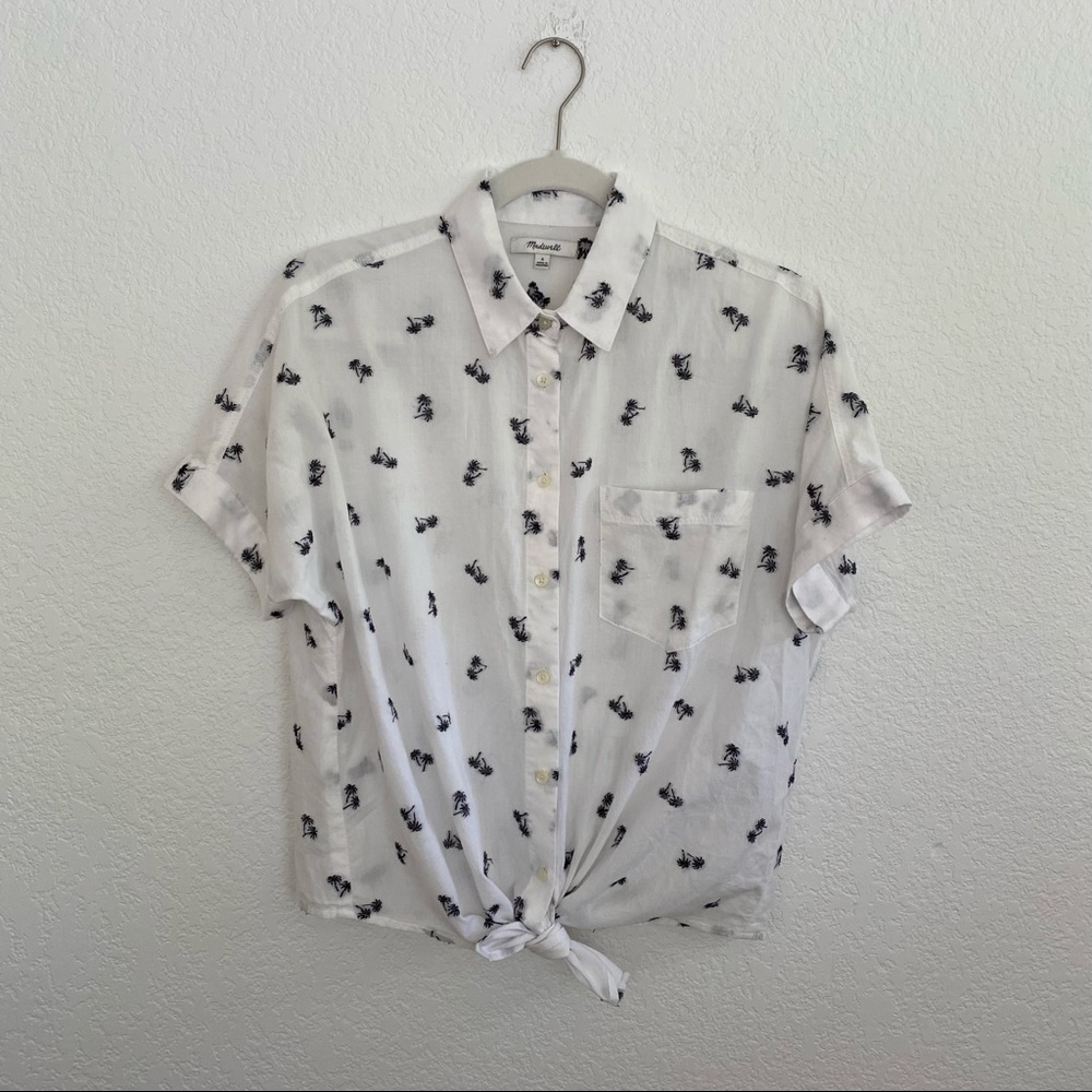 MADEWELL Women’s Small White Embroidered Trees Collared Short-Sleeve Button Top